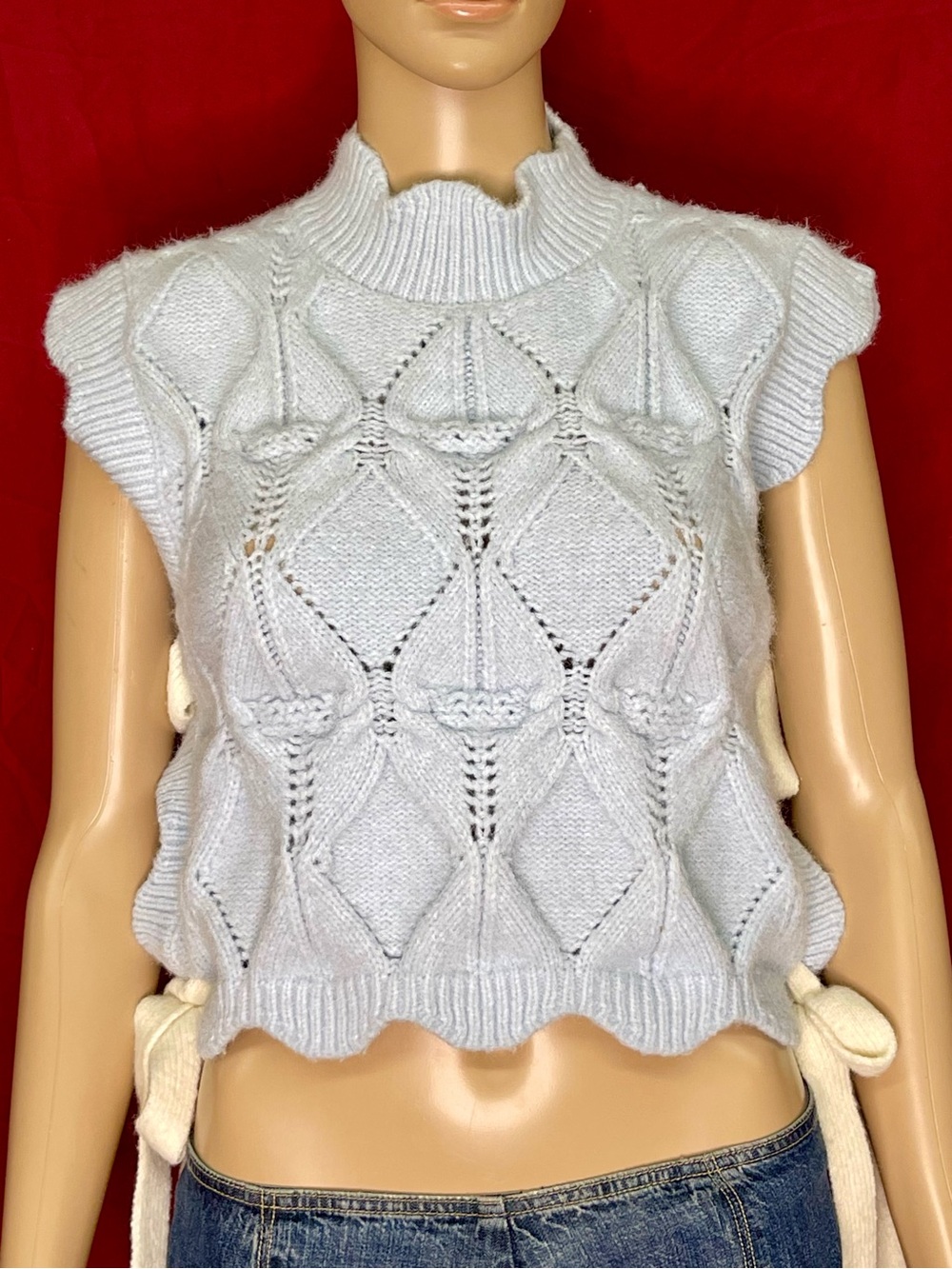 Mable Omari Scalloped Side Tie Diamond Knit Vest Powder Blue Size Small
